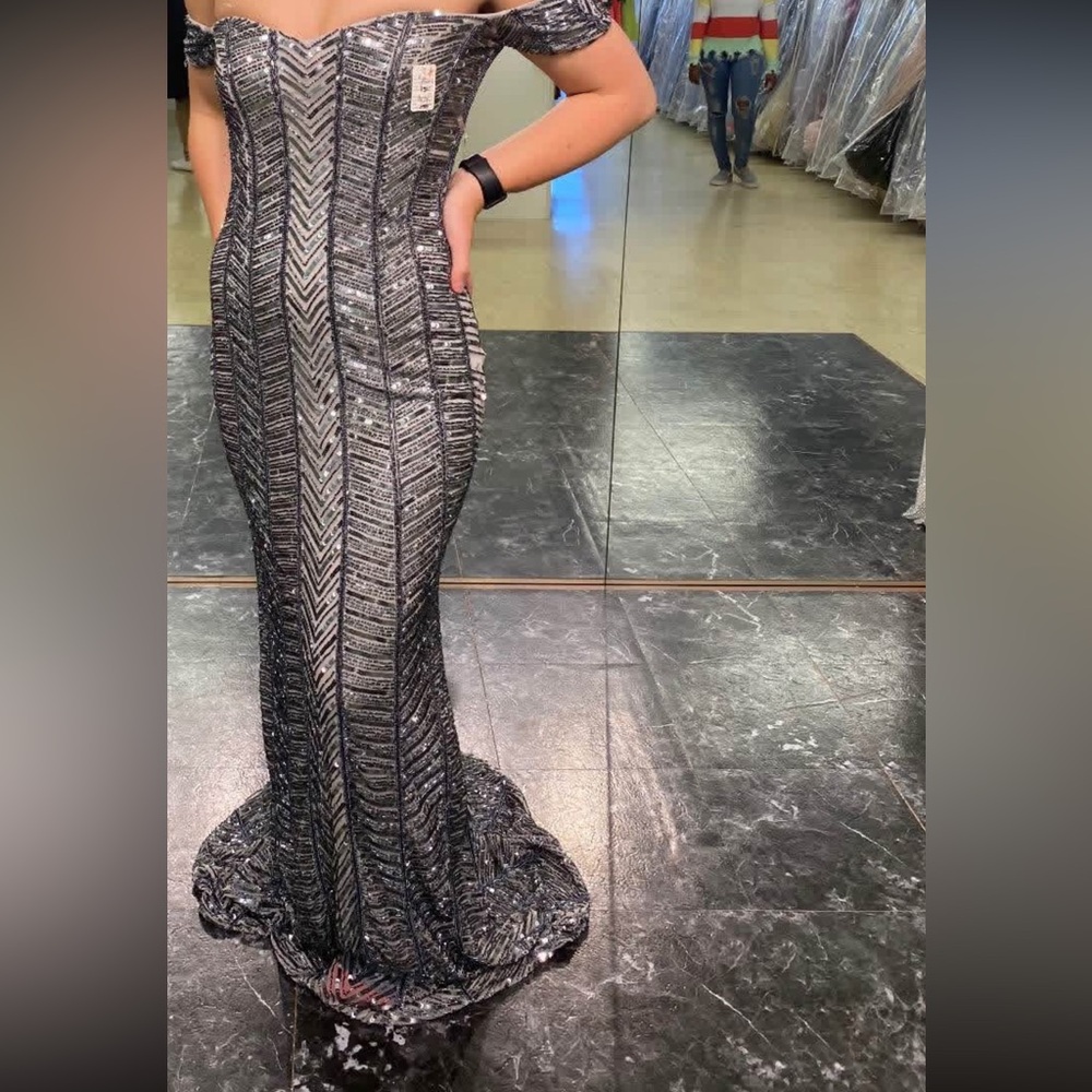 Off-Shoulder Black and Silver Sequin Evening Gown - image 1